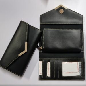 Ladies 3 Fold Clutch Wallet with Pocket Faux Series (Black)