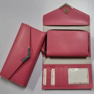 Ladies 3 Fold Clutch Wallet with Pocket Faux Series (Pink)