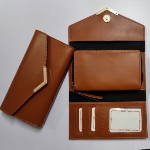 Ladies 3 Fold Clutch Wallet with Pocket Faux Series (Brown)