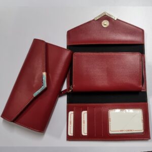 Ladies 3 Fold Clutch Wallet with Pocket Faux Series (Red/Wine)